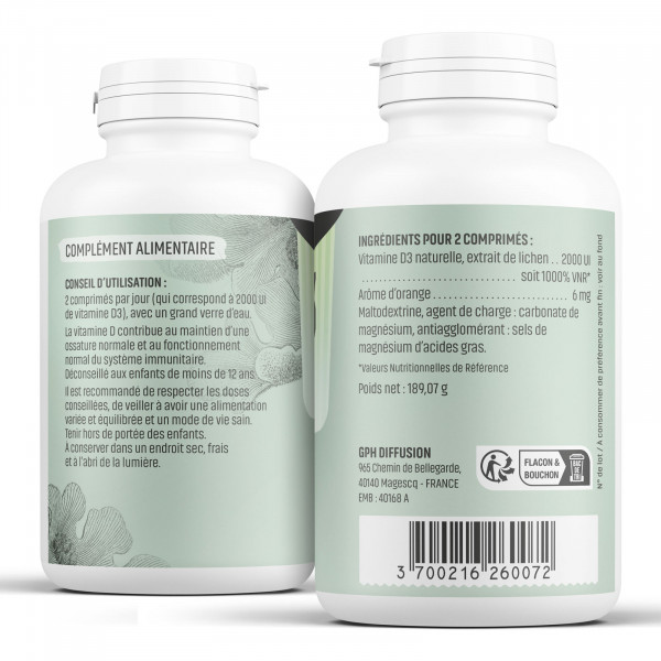 Vitamine D3 Naturelle - 2000 UI - 120 Comprimés