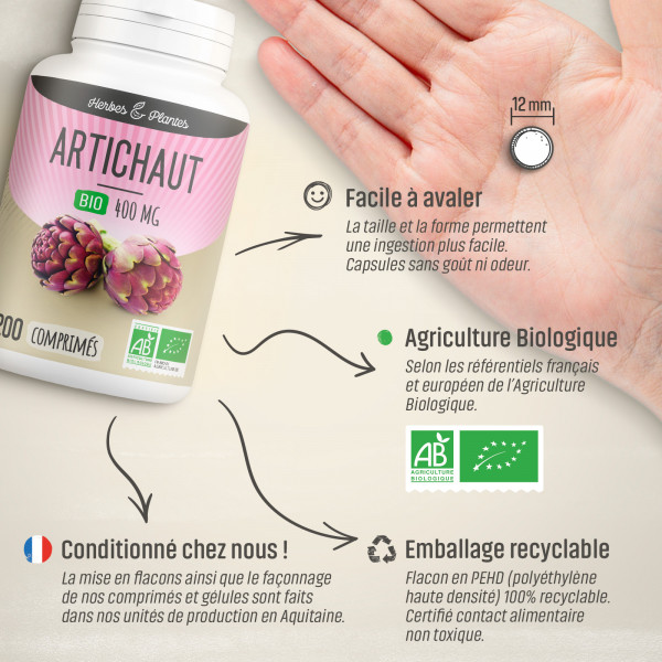 Artichaut Bio - 400 mg - 200 comprimés - Herbes & Plantes