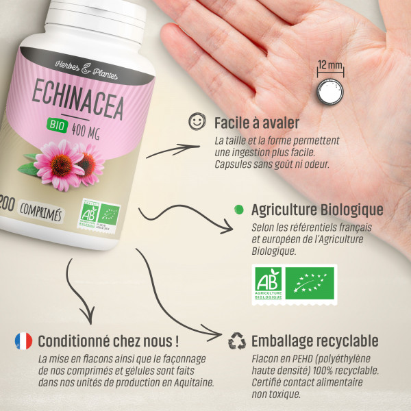 Echinacea Bio - 400 mg - 200 comprimés - Herbes & Plantes
