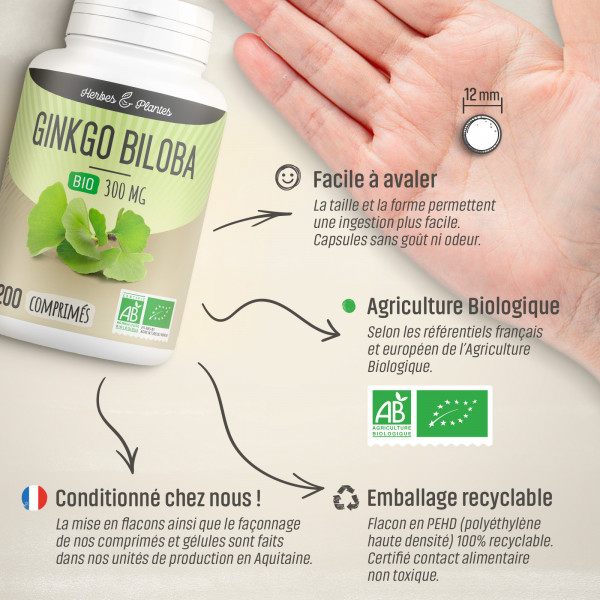 Ginkgo biloba Bio - 300 mg - 200 comprimés - H&P