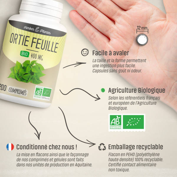 Ortie feuille Bio - 400 mg - 200 comprimés - H&P