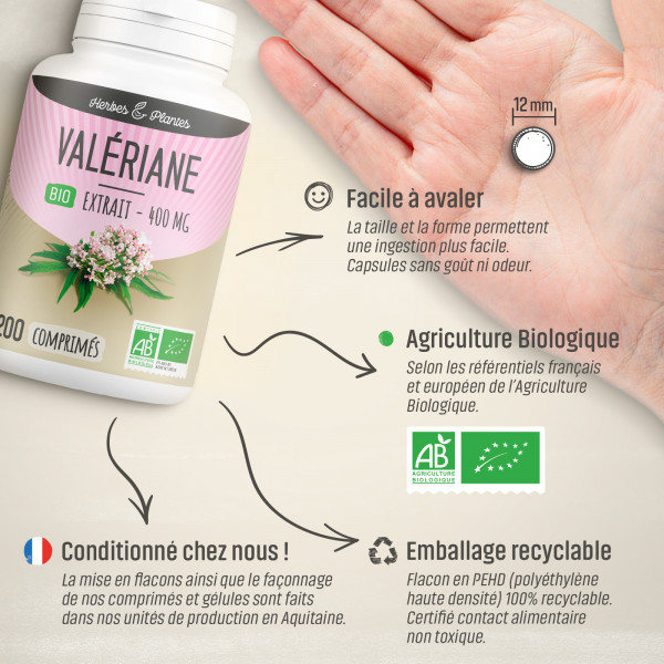 Valériane extrait Bio - 400 mg - 200 comprimés - H&P