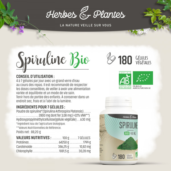 Spiruline Bio - 400 mg - 180 gélules végétales