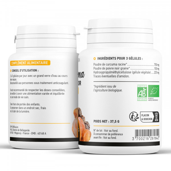 Curcuma Bio et Poivre Noir Bio - 300 mg - 200 gélules végétales