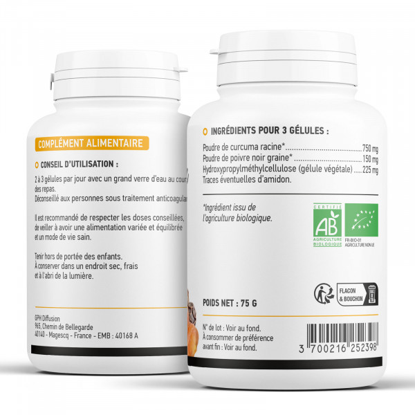 Curcuma Bio et Poivre Noir Bio - 300 mg - 200 gélules végétales