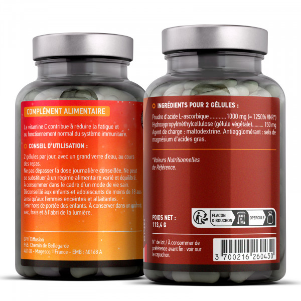 Vitamine C 1000 mg - Acide Ascorbique - Gélules Végétales