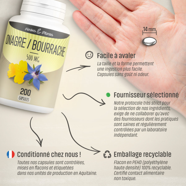 Onagre-Bourrache - 500 mg - 200 capsules - Herbes & Plantes
