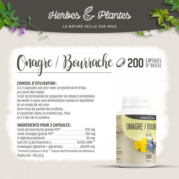 Onagre-Bourrache - 500 mg - 200 capsules - Herbes & Plantes