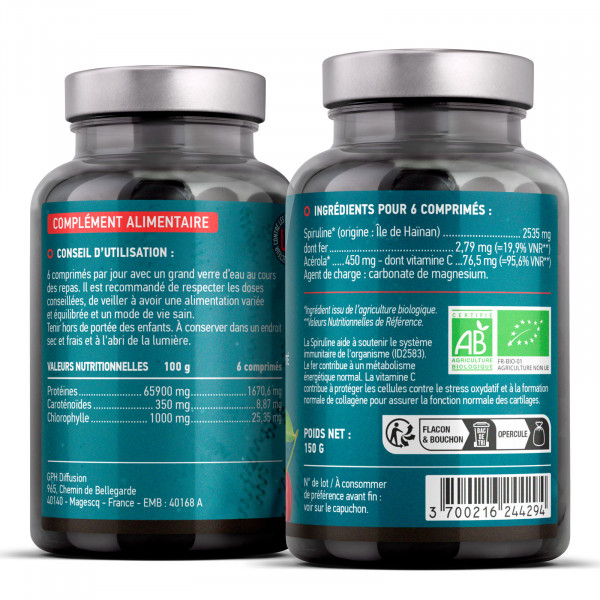 SPIRULINE + ACEROLA BIO - 498mg - 300 comprimés