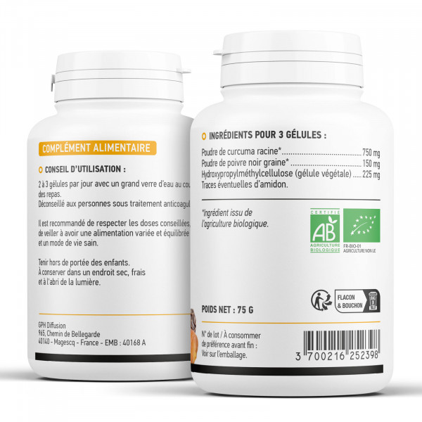 Curcuma Bio et Poivre Noir Bio - 300 mg - 200 gélules végétales