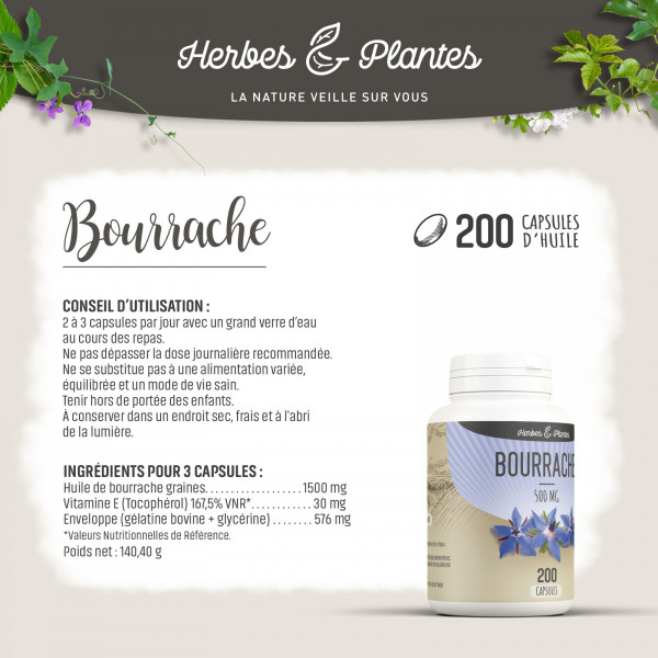 Bourrache - 500 mg - 200 capsules - Herbes & Plantes