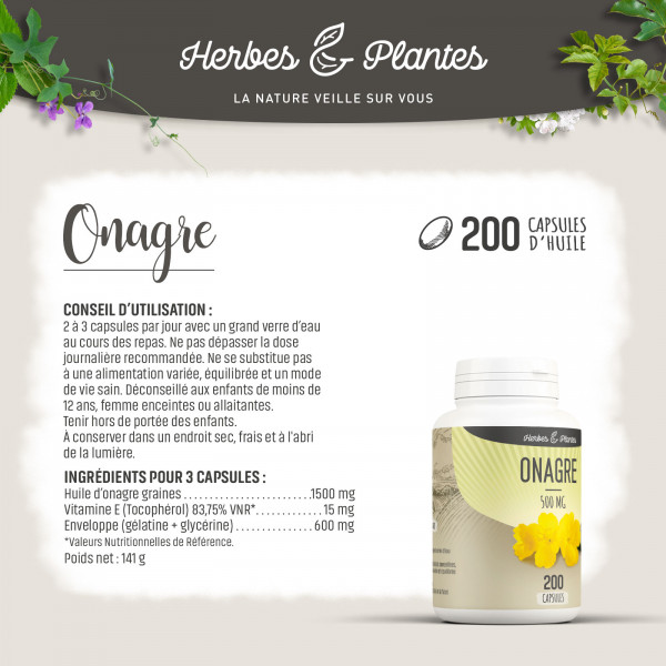 Onagre - 500 mg - 200 capsules - Herbes & Plantes