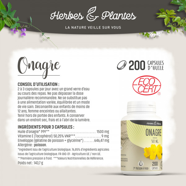 Onagre Ecocert - 503 mg - 200 capsules - Herbes & Plantes