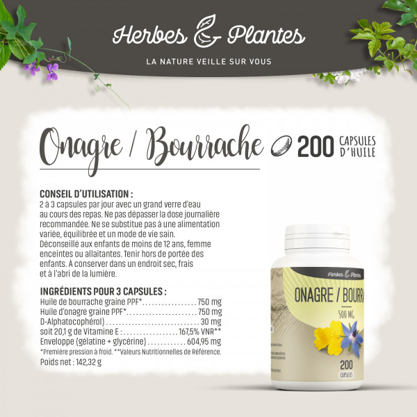 Onagre-Bourrache - 500 mg - 200 capsules - Herbes & Plantes