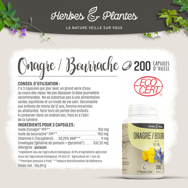 Onagre-Bourrache Ecocert - 503 mg - 200 capsules - Herbes & Plantes