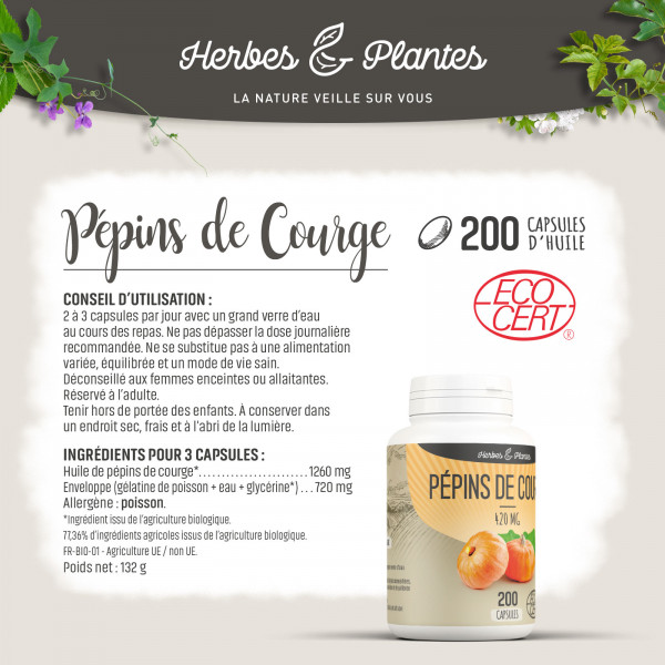 Pépins de Courge Ecocert - 420 mg - 200 capsules - Herbes & PLantes