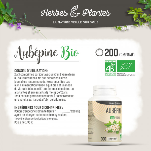 Aubépine Bio - 400 mg - 200 comprimés - Herbes & Plantes