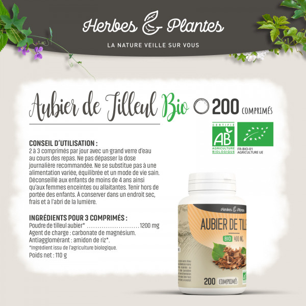 Aubier de Tilleul Bio - 400 mg - 200 comprimés - Herbes & Plantes