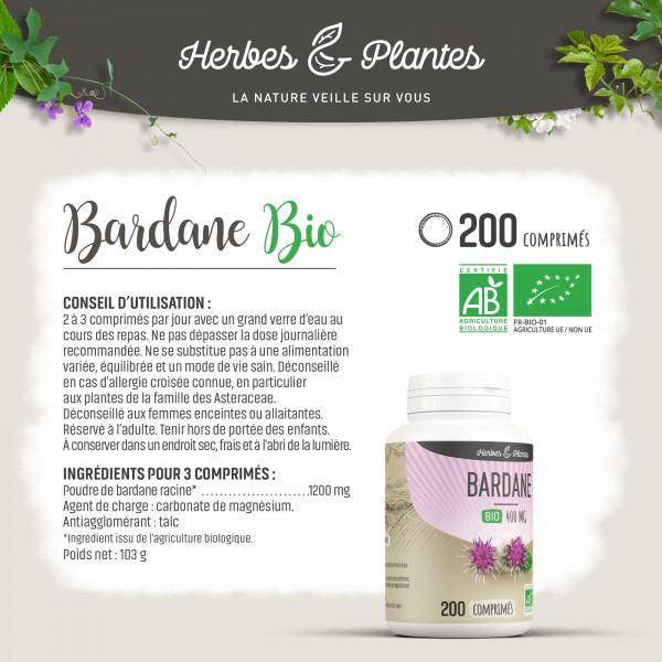 Bardane Bio - 400 mg - 200 comprimés - Herbes & Plantes