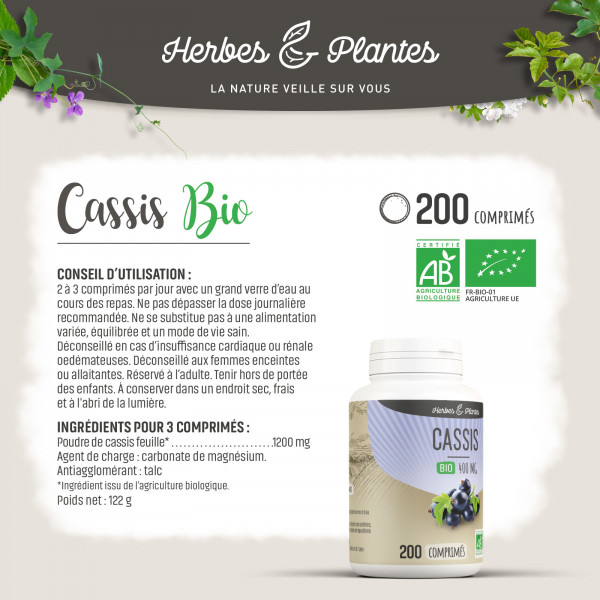 Cassis Bio - 400 mg - 200 comprimés - Herbes & Plantes