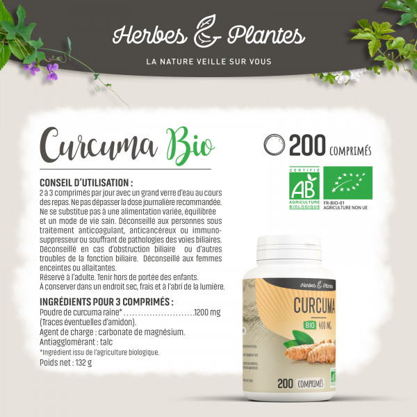 Curcuma Bio - 400 mg - 200 comprimés - Herbes & Plantes