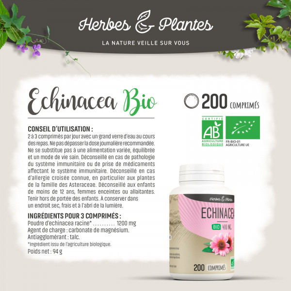 Echinacea Bio - 400 mg - 200 comprimés - Herbes & Plantes