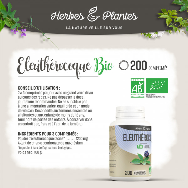 Eleuthérocoque Bio - 400 mg - 200 comprimés - H&P