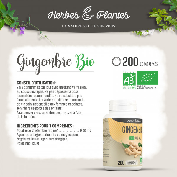 Gingembre Bio - 400 mg - 200 comprimés - H&P