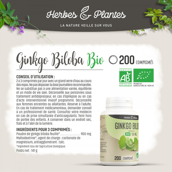 Ginkgo biloba Bio - 300 mg - 200 comprimés - H&P