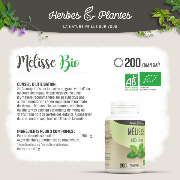 Mélisse Bio - 400 mg - 200 comprimés - H&P