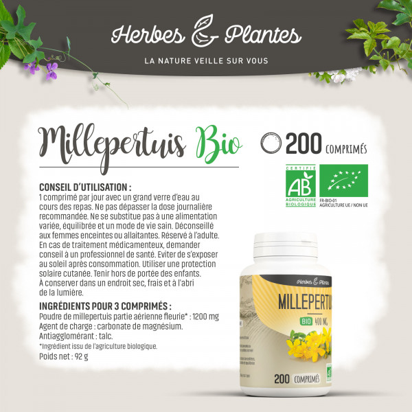 Millepertuis Bio - 400 mg - 200 comprimés - H&P