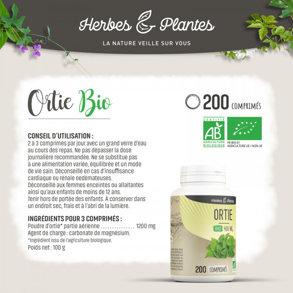 Ortie feuille Bio - 400 mg - 200 comprimés - H&P