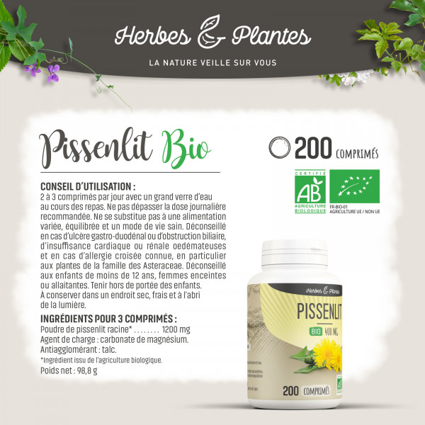 Pissenlit Bio - 400 mg - 200 comprimés - H&P