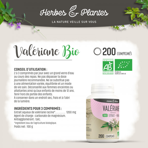 Valériane extrait Bio - 400 mg - 200 comprimés - H&P