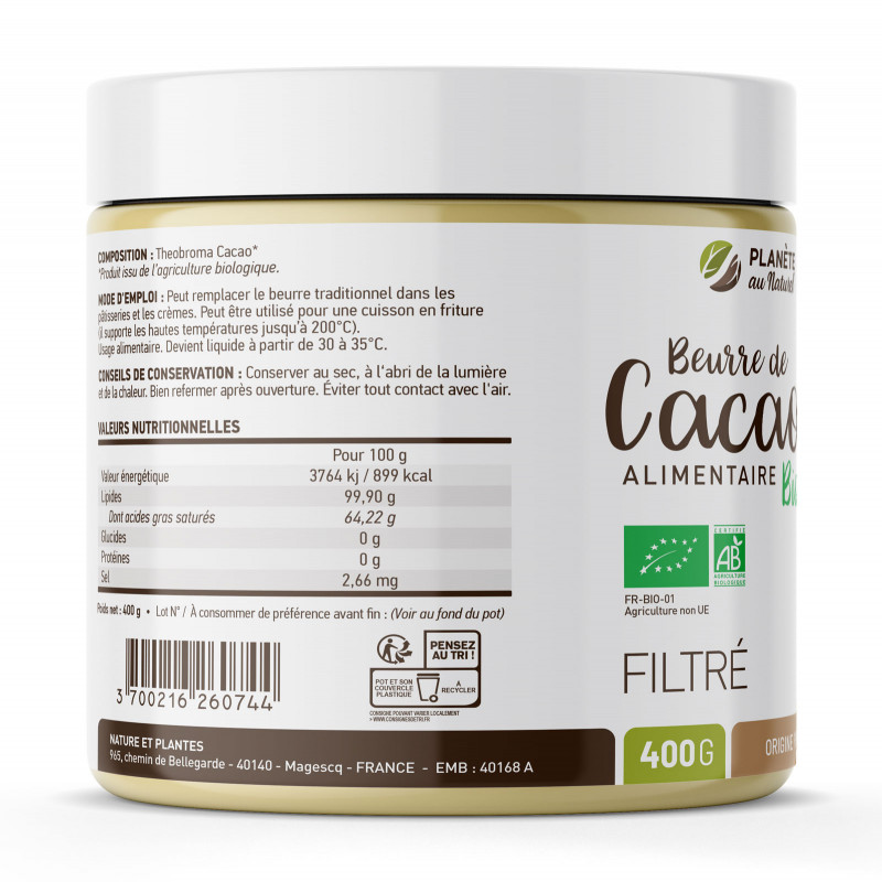 Beurre de cacao filtré BIO de qualité alimentaire