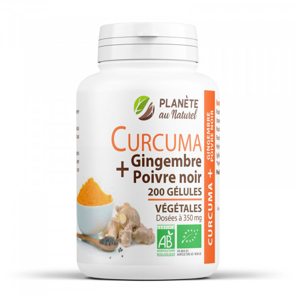 Curcuma Gingembre et Poivre Noir Biologique 300 mg - 200 gélules végétales